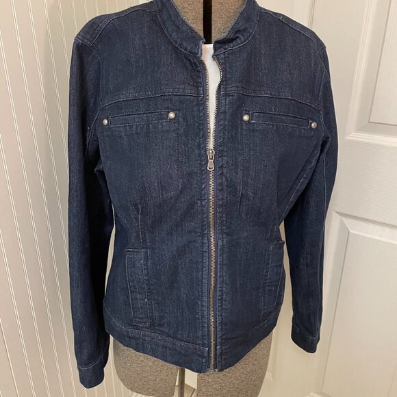 BACCINI DENIM JACKET, UNLINED, DARK WASH, ZIPPER CLOSURE, SIZE LARGE - Picture 1 of 8